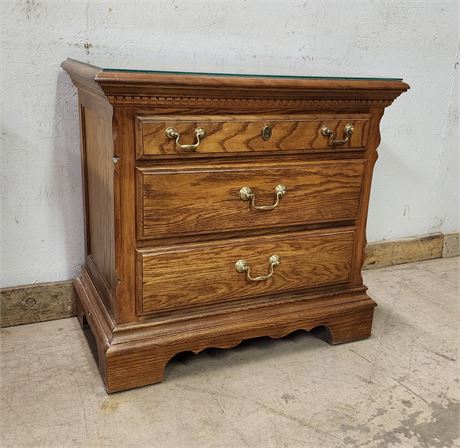 Wood Nightstand w/ Drawers and Glass Top, 27x16x26