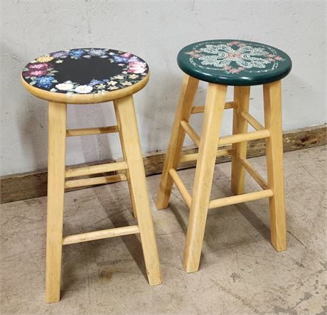 Pair of Hand Painted Wood Stools, 12" dia, 24" tall