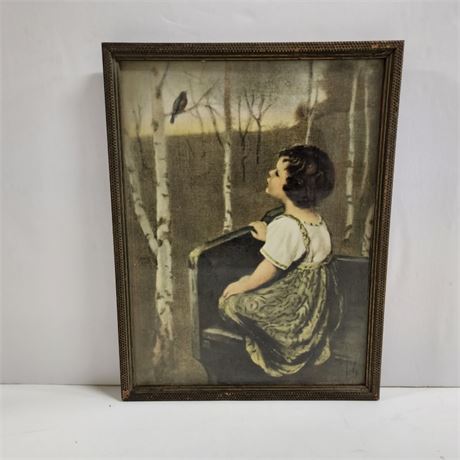 Vintage Girl w/ Bird Print, Framed, 10x13