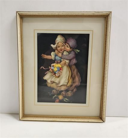 Vintage Dutch Boy & Girl w/ Dried Flowers Print, Framed, 9x11