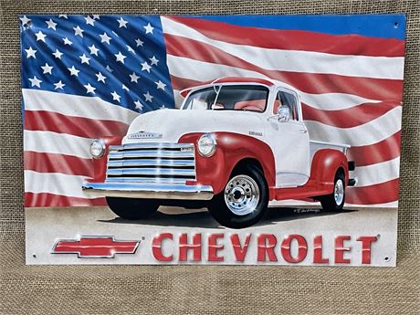 Chevy Pick Up/American Flag Metal Sign, 16x11