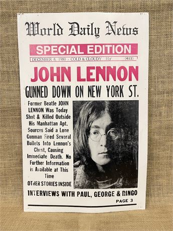 World Daily News Headline Poster of John Lennon's Death (cardboard) 14x22