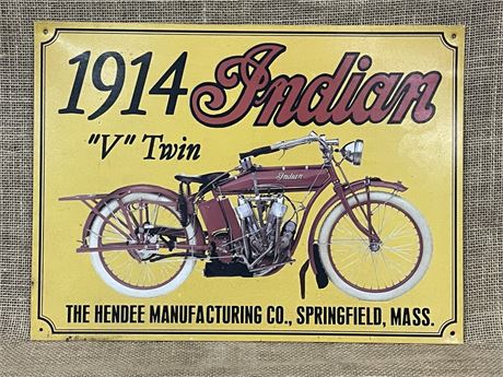 1914 Indian "V" Twin Reproduction Advertising Sign, 16x12