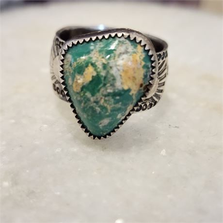 Broken Arrow Turquoise Ring set in Fine Silver (999) by Ron Singer-Sz 7