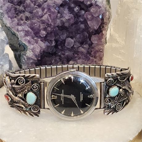 Nevada Turquoise & Coral Watchband set in Sterling Silver (925) by DL, Navajo