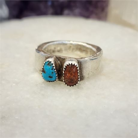 Bisbee Turquoise and Coral Ring set in 999 Silver by Ron Singer-Sz 9¾