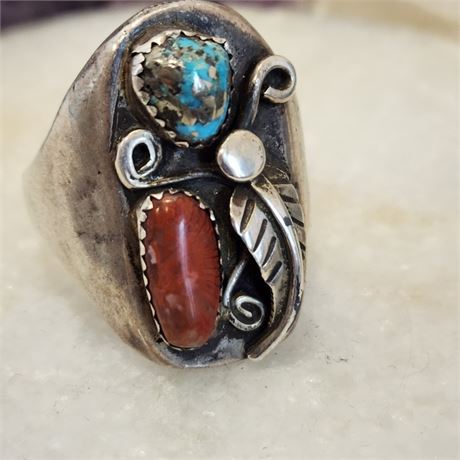 Morenci Turquoise and Fossilized Coral Ring set in Silver, Native-Sz 12¾