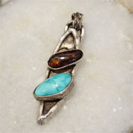 Deer Creek Fire Agate & Fox Turquoise Pendant by Ron Singer, 999 Silver