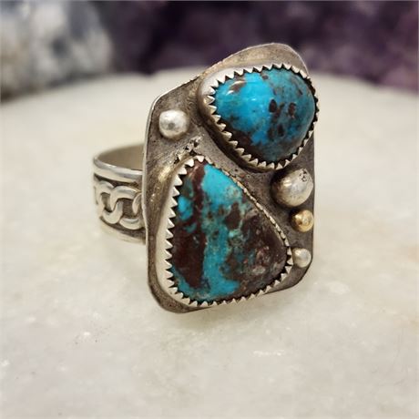 Bisbee Turquoise Ring set in 999 Silver w/ 14k Gold by Ron Singer- Sz 9½