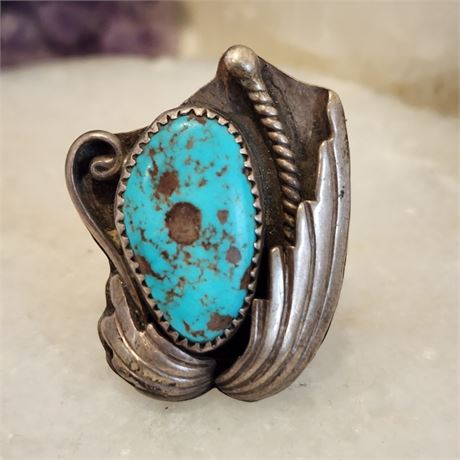 Nevada Turquoise Ring set in Silver by DK, Navajo- Sz 7