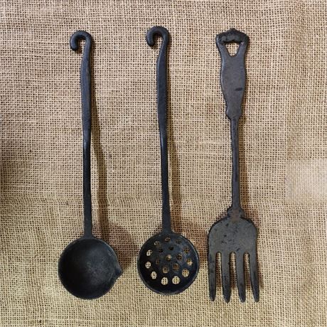 Antique Wrought Iron Cooking Utensil Wall Hanger Trio