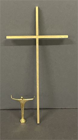 Small Brass Religious Sculpture and 17" Brass Cross