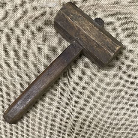 Antique Wood Mallet. Note handle secured w/ wooden pin.