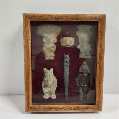 Framed Central American Carved Stone Figurines, 9x11