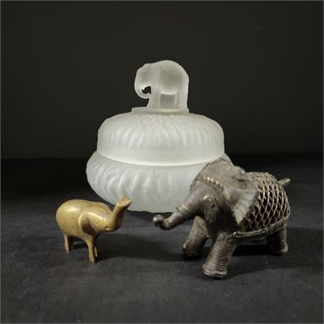 Vintage Frosted Trinket Box w/ Elephant Handled Lid and Brass and Cast Elephants