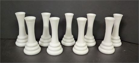 Nine Vintage Small Milk Glass Vases, 6" tall