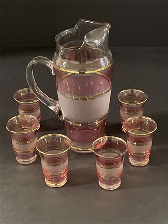 Vintage Elegant Glass Cocktail Pitcher and 6 Cups w/ Gold Highlights