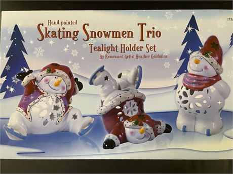 Set of Three Hand Painted Snowman Tea Light Holders