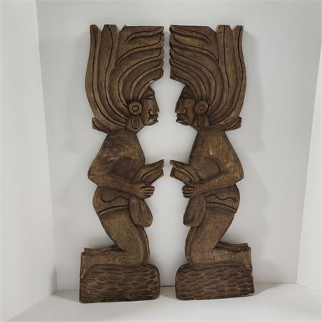 Vintage Carved Wood Wall Hangers, 25" tall