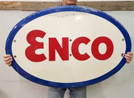 Vintage Metal Enco Gas Station Sign w/ Brass Grommets, from Glasgow MT