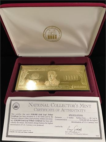 $100,000 Gold Leaf Certificate w/ Case