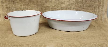 Vintage Enamel Metal Large Basin (21x17) & Pot (11" Diameter)