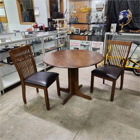 Drop Leaf Dining Table w/ 2 Matching Cushioned Chairs - 40" Diameter