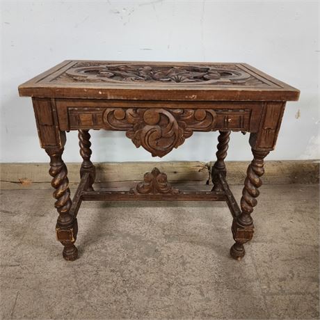 Small Ornately Carved Wood Side Table -