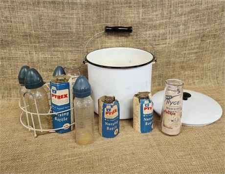 Vintage Enamel Nursing Bottle Warmer w/ Rack & Pyrex Bottles