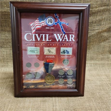 Framed Collectible 150yr Civil War Coin/Medal/Stamp Display...10x13