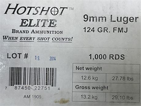 Hotshot Elite 9mm Luger 124 Grain Full Metal Jacket, 1,000  Rounds, Unopened