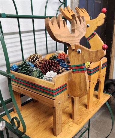 Wood Holiday Reindeer Boxes w/ Cones - See photos, one has damage. 8x16x22