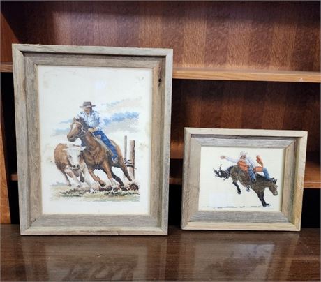 Barnwood Framed Embroidered Cowboy Picture Pair - 15x19/13x11