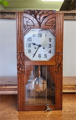 Antique Hand Carved Wall Clock - 12x6x26 - Excellent Condition