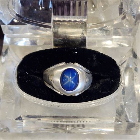 Mens 18k White Gold Plated Blue Star Sapphire Ring
