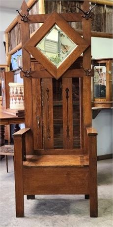 Antique Oak Bench Hall Tree w/ Storage & Beveled Mirror - 29x16x78