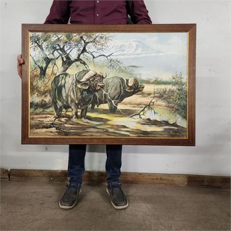 Framed Africa Buffalo Original Painting By Peter Hata 1977 - 42x29