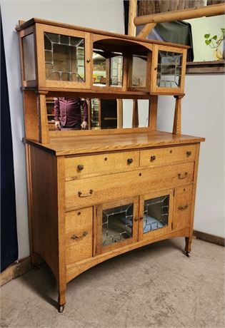 Antique Oak Sideboard/Hutch w/ Leaded Concave Glass Doors