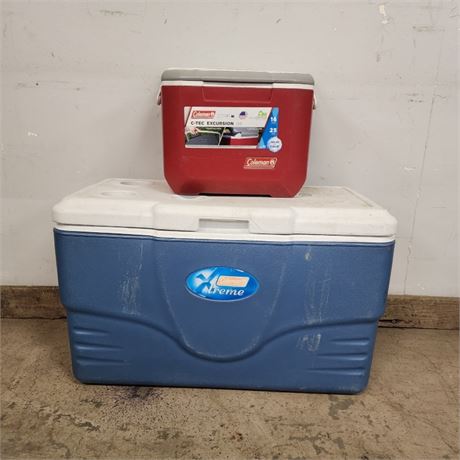 2 Coleman Coolers (Larger Cooler needs hinges on lid)