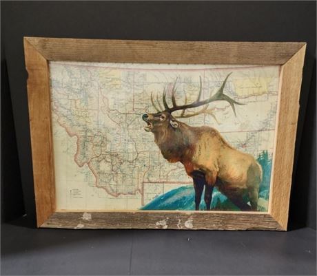 MT Artist Wood Frame Bugling Elk in Montana Repro - 21x15