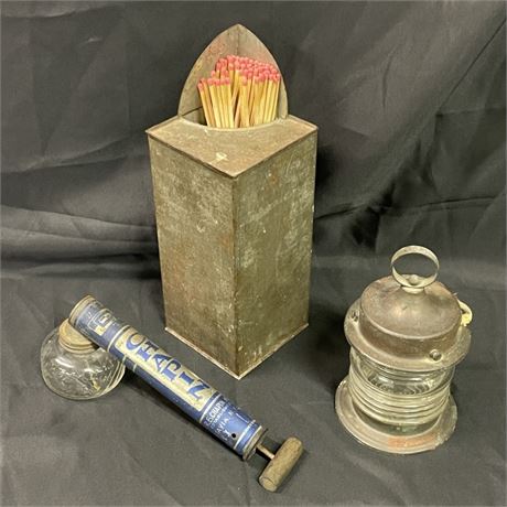 Vintage Bug Sprayer, Match Tin, Lamp