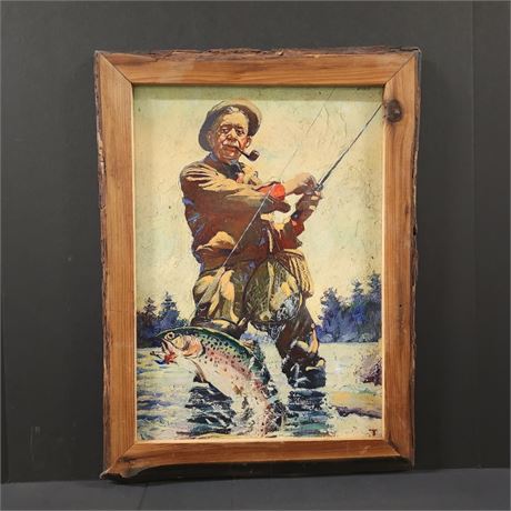 Artist Repro Wood Framed Fly Fisherman Wall Hanger - 16x21