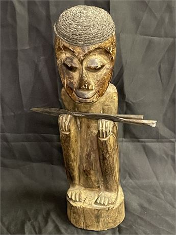 Large 19"⬆️  Carved Wood African Sculpture w/ Spears