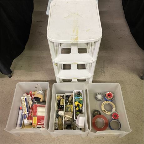 Assorted Handyman Items & 3 Drawer Rolling Caddy