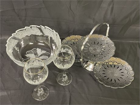 Metal Tiered Server,  Wine Goblets, & Designer Bowl