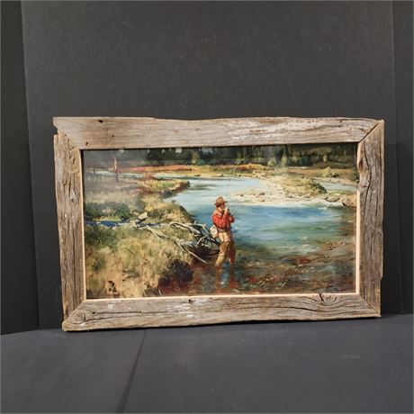 Mt Artist Repro Wood Frame Fly Fisherman Wall Hanger - 21x14