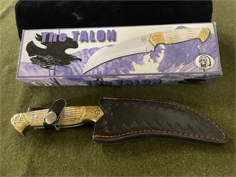 NIB 10" Talon Bone Handle Knife with Leather Sheath