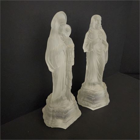 Vintage Polish Frosted Glass Religious Candle Holder Pair, 12" tall