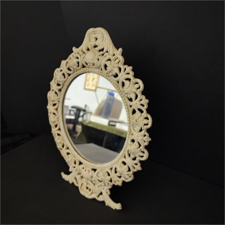 Antique White Cast Iron Tabletop Round Beveled Mirror