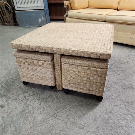 Unique Woven Accent Table w/ Underneath Lidded Rolling Basket Seats 29x20x16